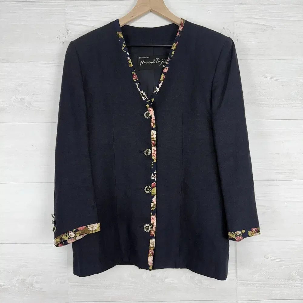 Hernando Trujillo Linen Blazer Jacket Women 8 Navy Floral‎ Trim Preppy Spring